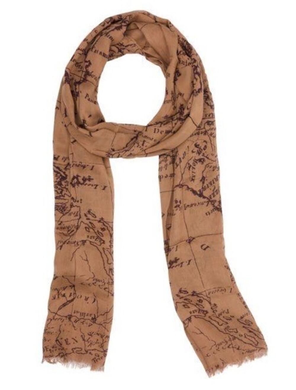 NWT Patricia Nash Signature Map Print Brown Scarf Wrap Fringe Edges Lightweight